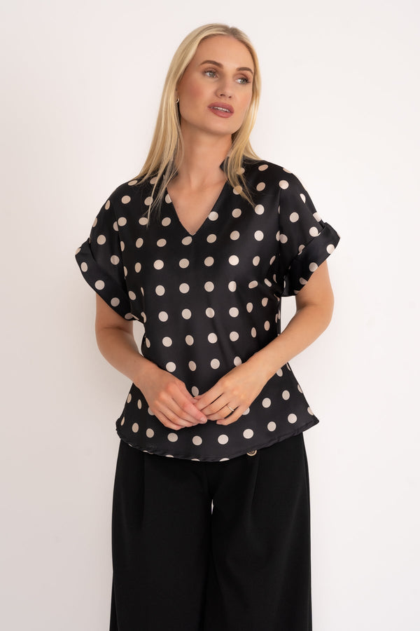 Carraig Donn Black Print V-Neck Sateen Top