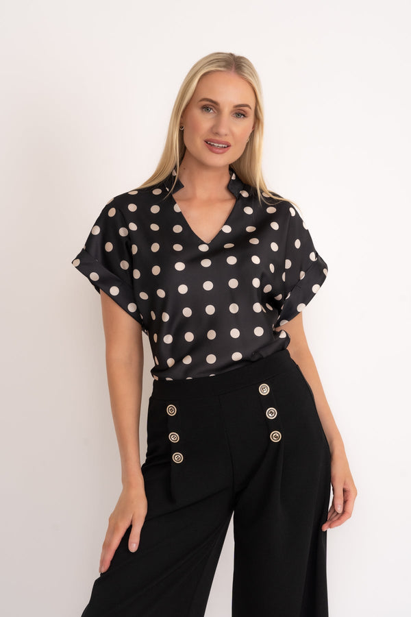 Carraig Donn Black Print V-Neck Sateen Top