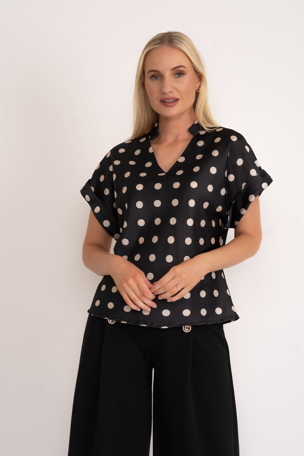 carraig donn Black Print V-Neck Sateen Top