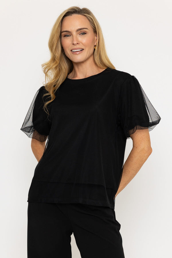 carraig donn Black Puff Short Sleeve Mesh Top