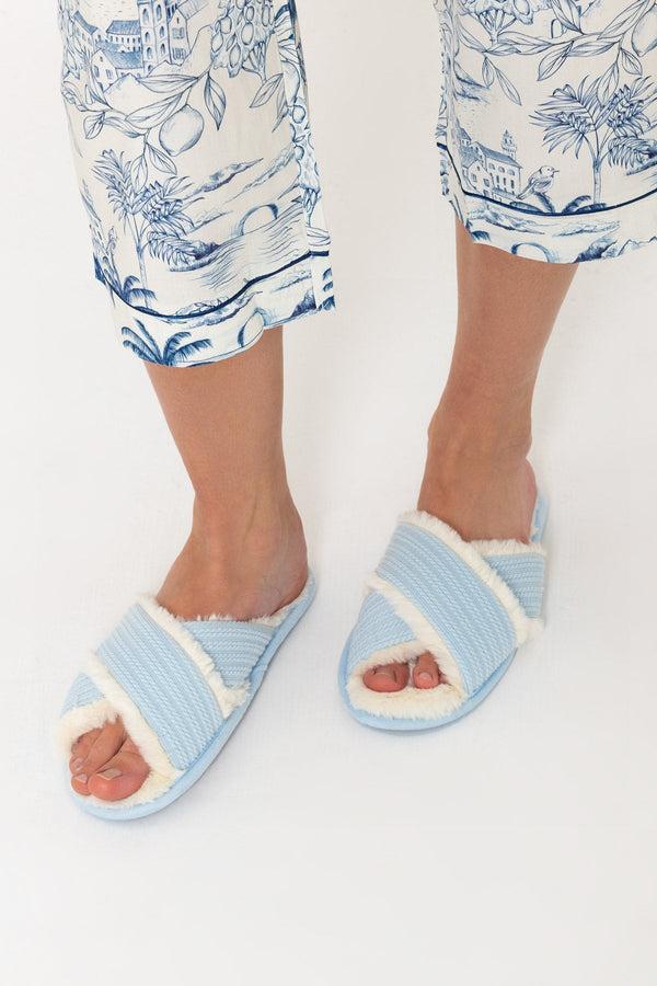 Carraig Donn Blue Faux Fur Cross Over Slippers