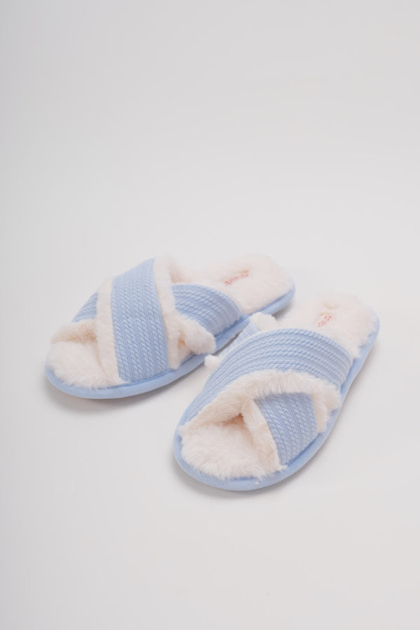 Carraig Donn Blue Faux Fur Cross Over Slippers