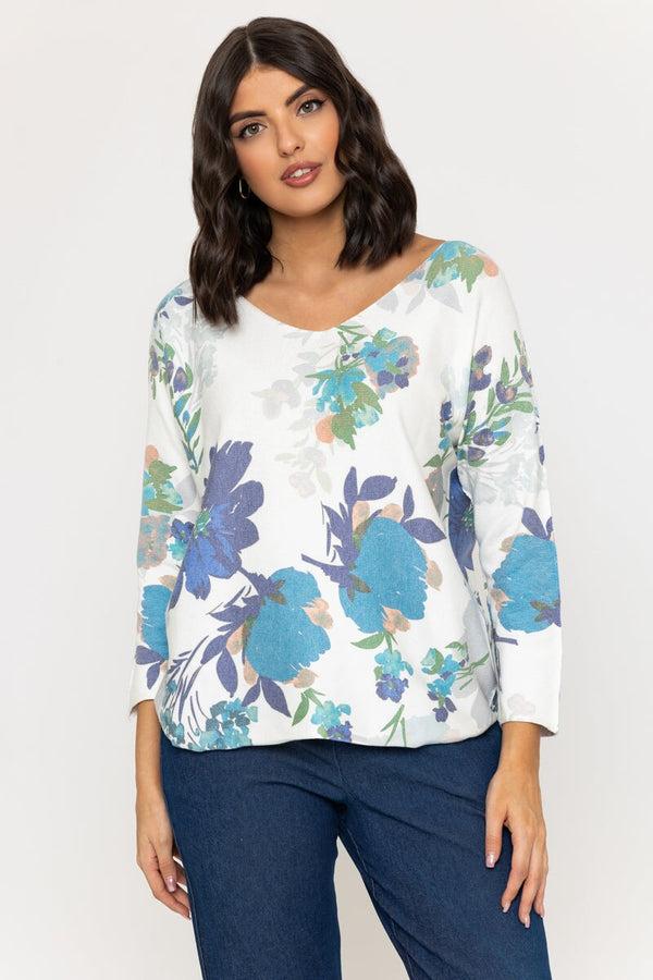 carraig donn Blue Floral Print V-Neck Jumper