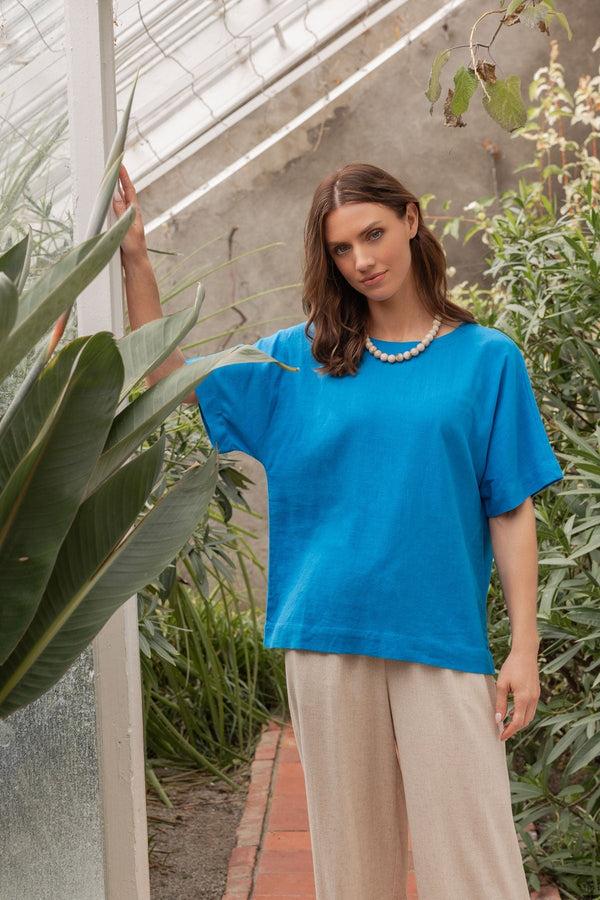 carraig donn Blue Linen Blend Short Sleeve Top