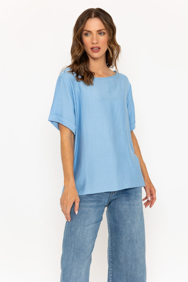 Carraig Donn Blue Linen-Like Top With Back Buttons