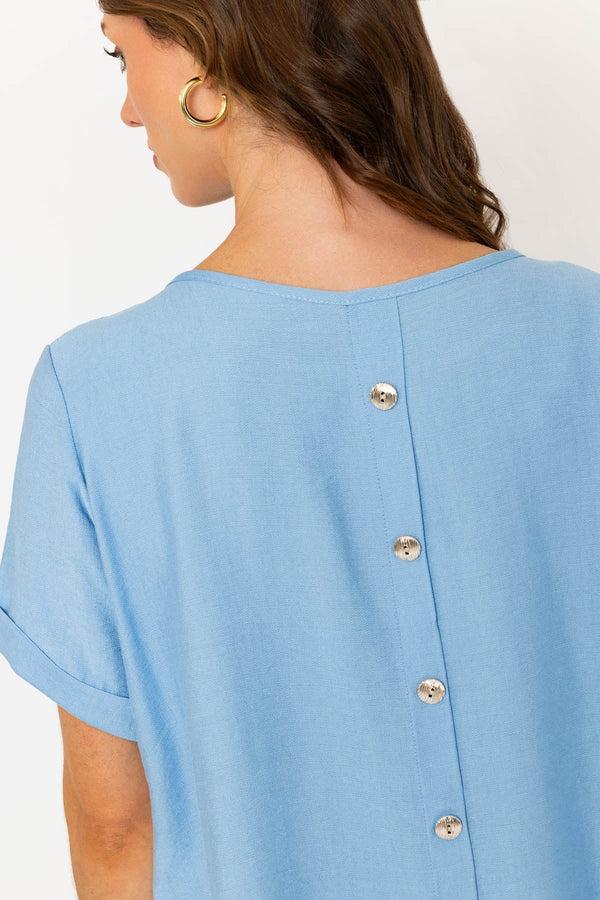 Carraig Donn Blue Linen-Like Top With Back Buttons