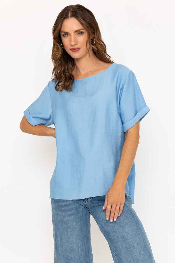 carraig donn Blue Linen-Like Top with Back Buttons