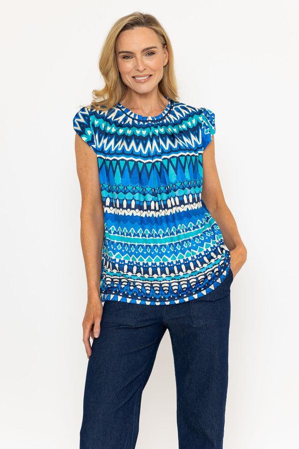 Carraig Donn Blue Print Round Neck Top