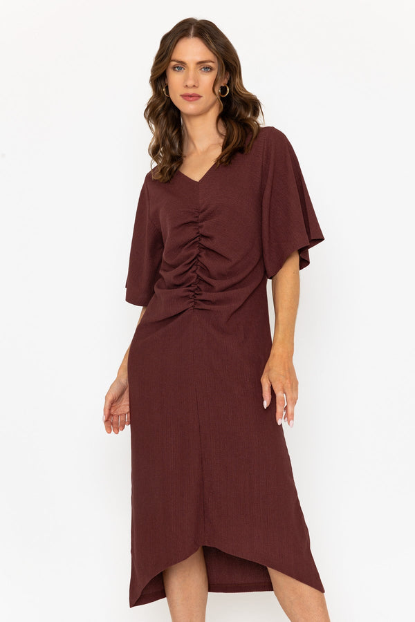 Carraig Donn Brown Short Sleeve Ruched Midi Dress