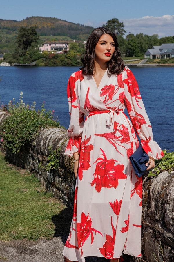 Carraig Donn Cherry Red Floral Print Midi Dress