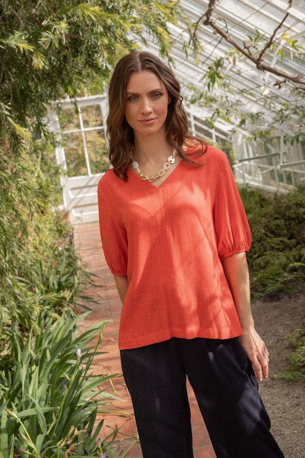 Carraig Donn Coral Linen Blend Puff Sleeve Top