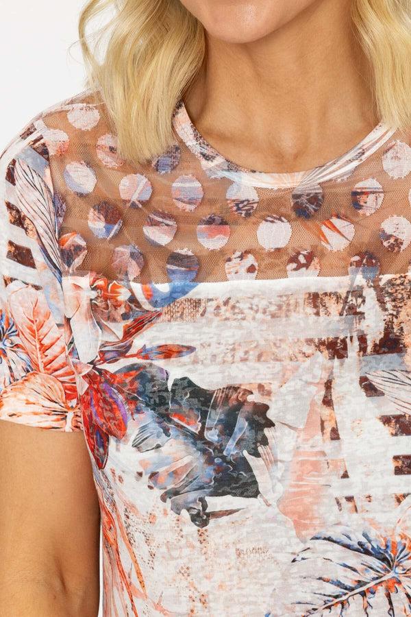 Carraig Donn Coral Printed Top With Mesh Detail