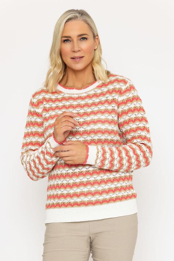 Carraig Donn Coral Stripe Pointelle Knit Jumper