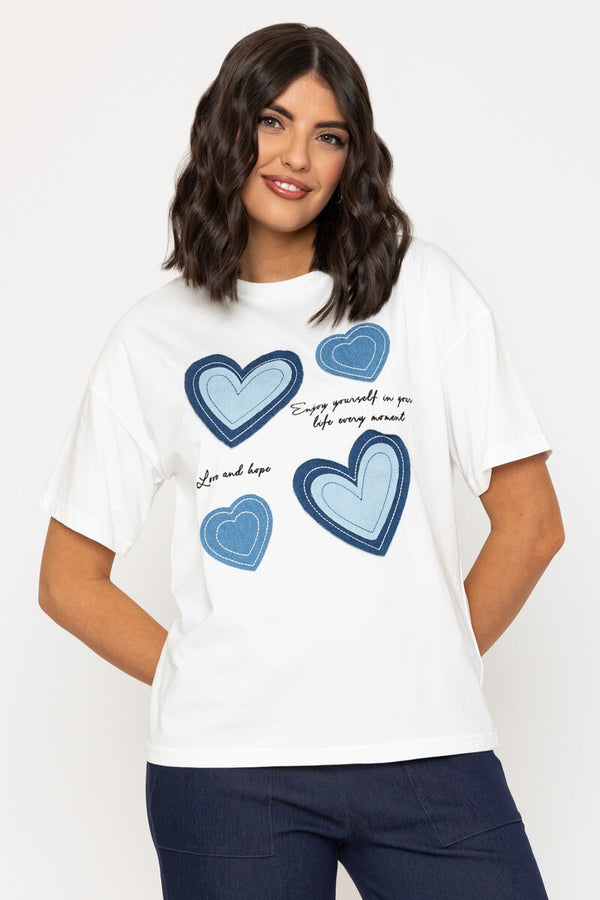 carraig donn Denim Heart Print White T-Shirt