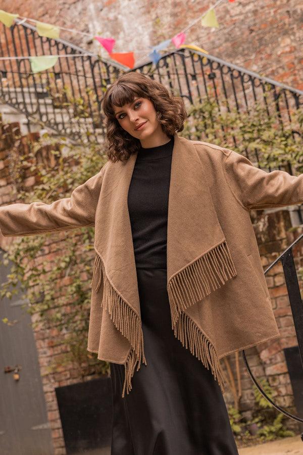 Carraig Donn Double Faced Fringe Coat In Camel