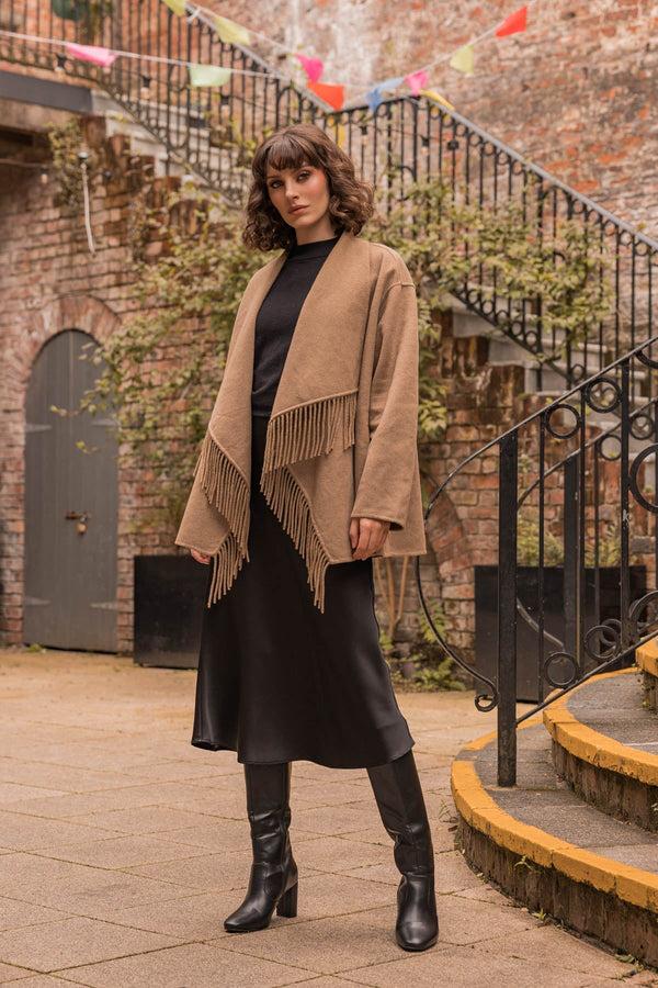 Carraig Donn Double Faced Fringe Coat In Camel