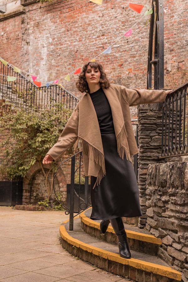 Carraig Donn Double Faced Fringe Coat In Camel
