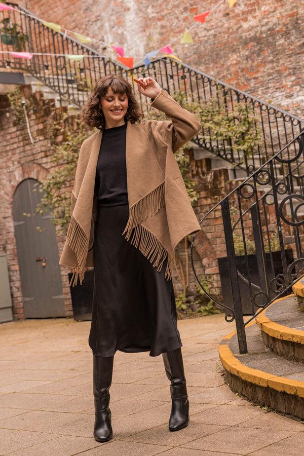 carraig donn Double Faced Fringe Coat in Camel