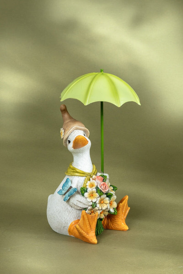 carraig donn Duck Sitting with Flowers & an Umbrella