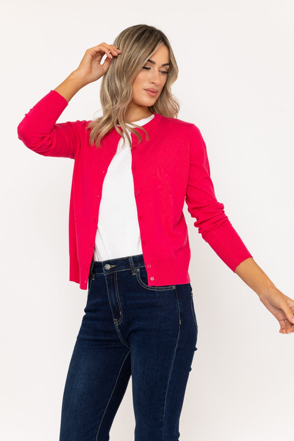 Carraig Donn Fine Gauge Crew Neck Cardigan In Pink
