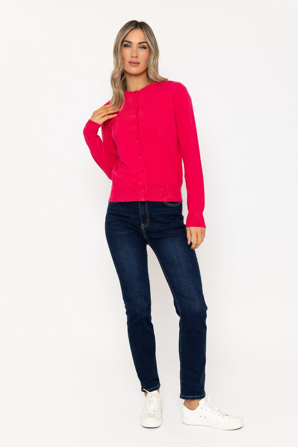 Carraig Donn Fine Gauge Crew Neck Cardigan In Pink