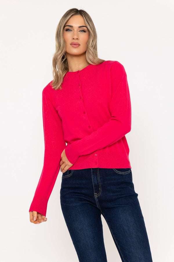 carraig donn Fine Gauge Crew Neck Cardigan in Pink