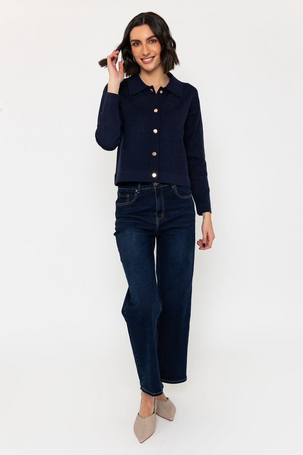 Carraig Donn Flower Embossed Knit Jacket In Navy