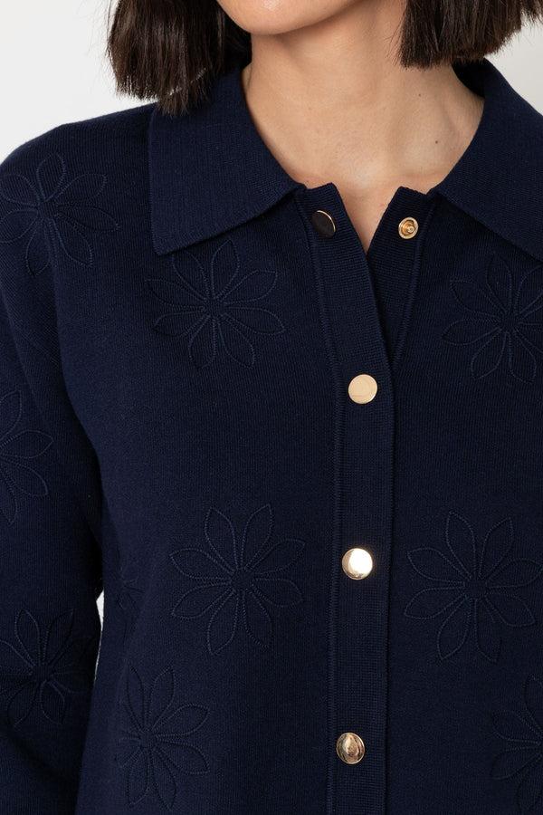 Carraig Donn Flower Embossed Knit Jacket In Navy