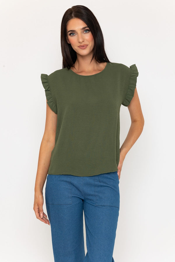 Carraig Donn Khaki Frill Short Sleeve Top