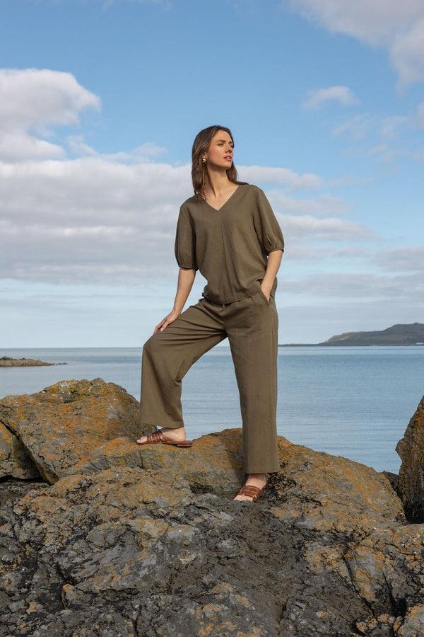 Carraig Donn Khaki Linen Blend Wide Leg Trousers