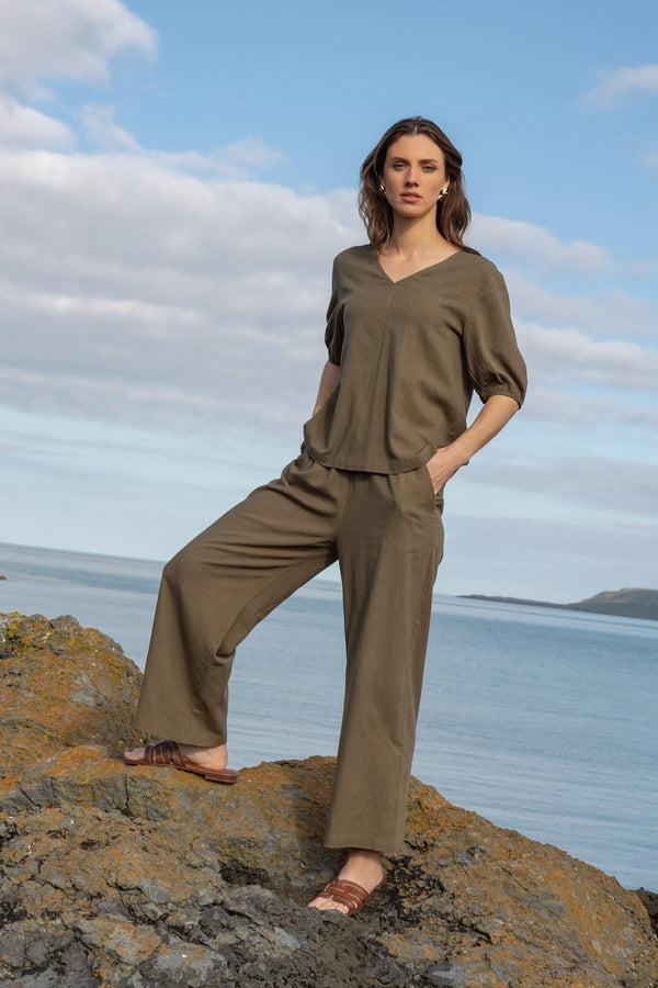 Carraig Donn Khaki Linen Blend Wide Leg Trousers