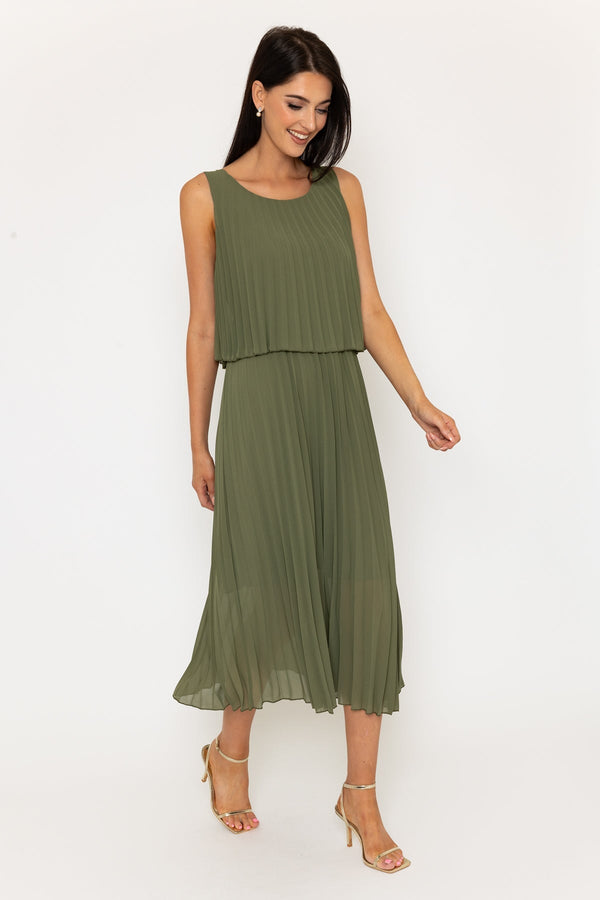 Carraig Donn Khaki Sleeveless Pleat Midi Dress