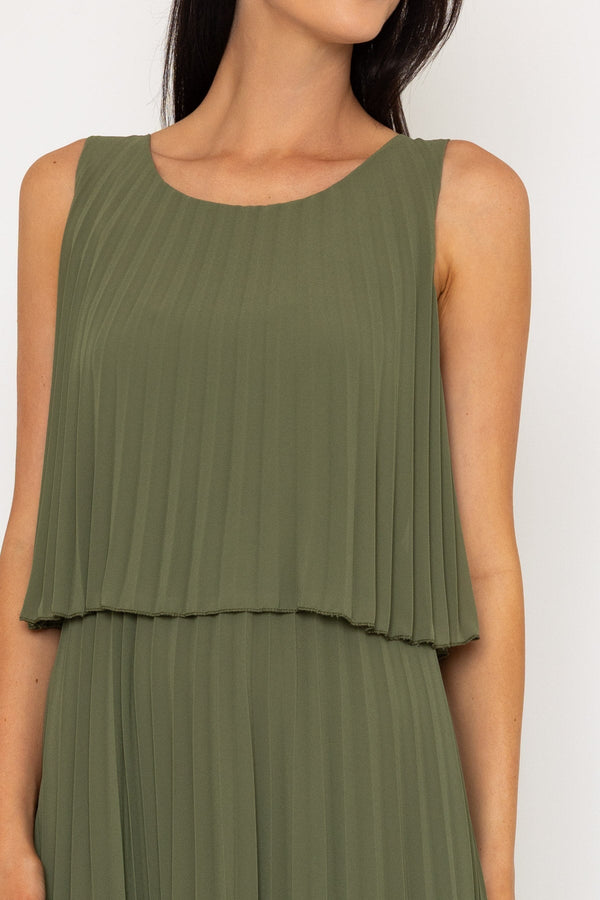 Carraig Donn Khaki Sleeveless Pleat Midi Dress