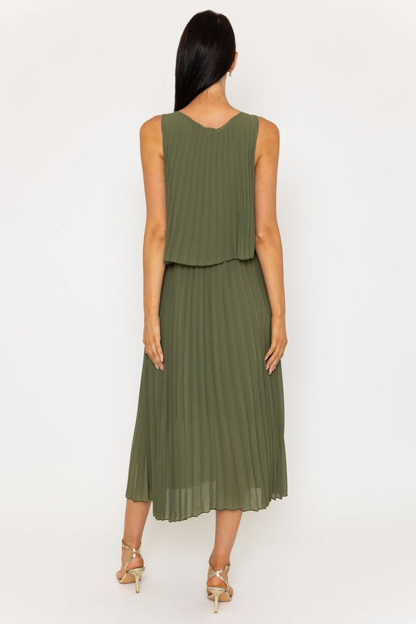 Carraig Donn Khaki Sleeveless Pleat Midi Dress