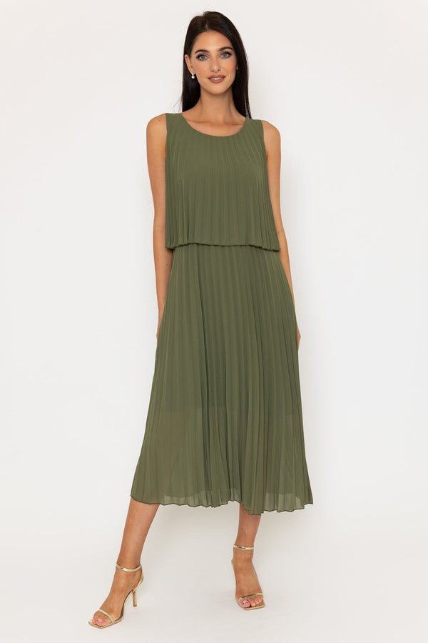 carraig donn Khaki Sleeveless Pleat Midi Dress