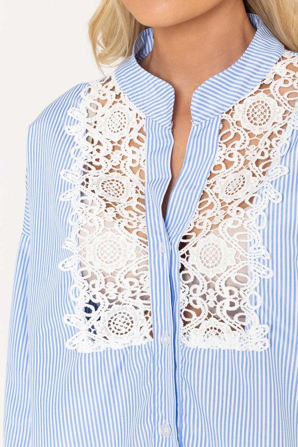 Carraig Donn Lace Insert Blue Stripe Shirt