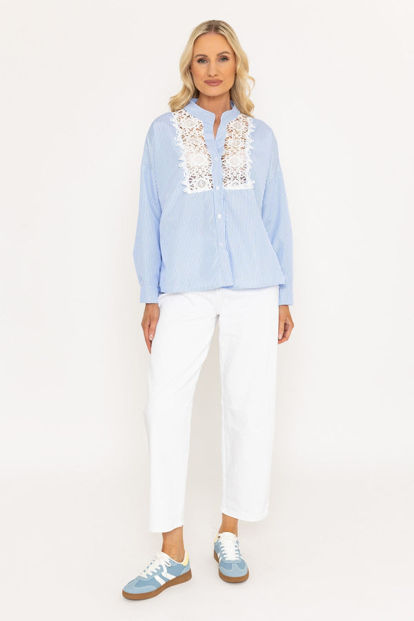 Carraig Donn Lace Insert Blue Stripe Shirt