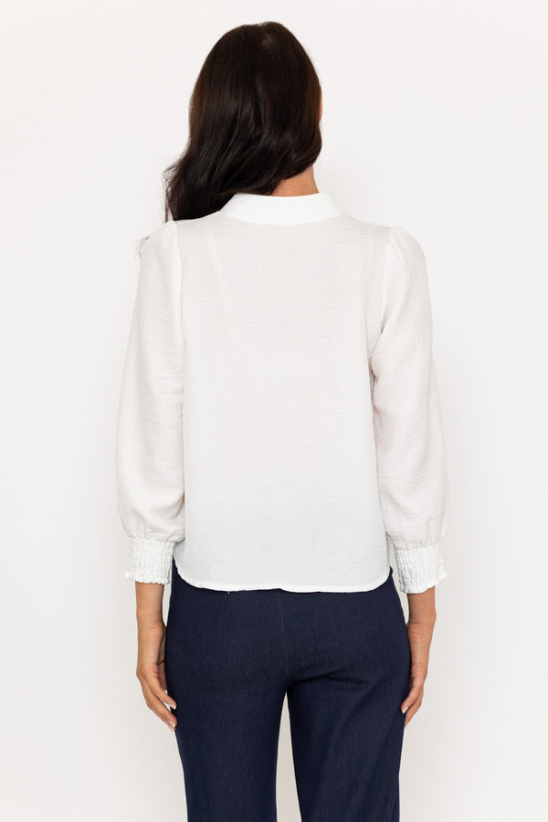 Carraig Donn Long Sleeve Collarless Top In Ecru