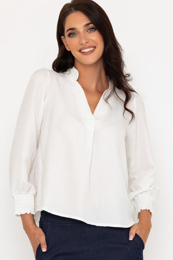 carraig donn Long Sleeve Collarless Top in Ecru