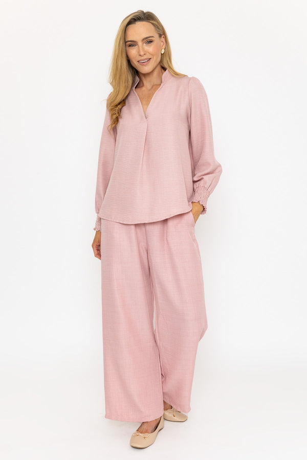 Carraig Donn Long Sleeve Collarless Top In Pink