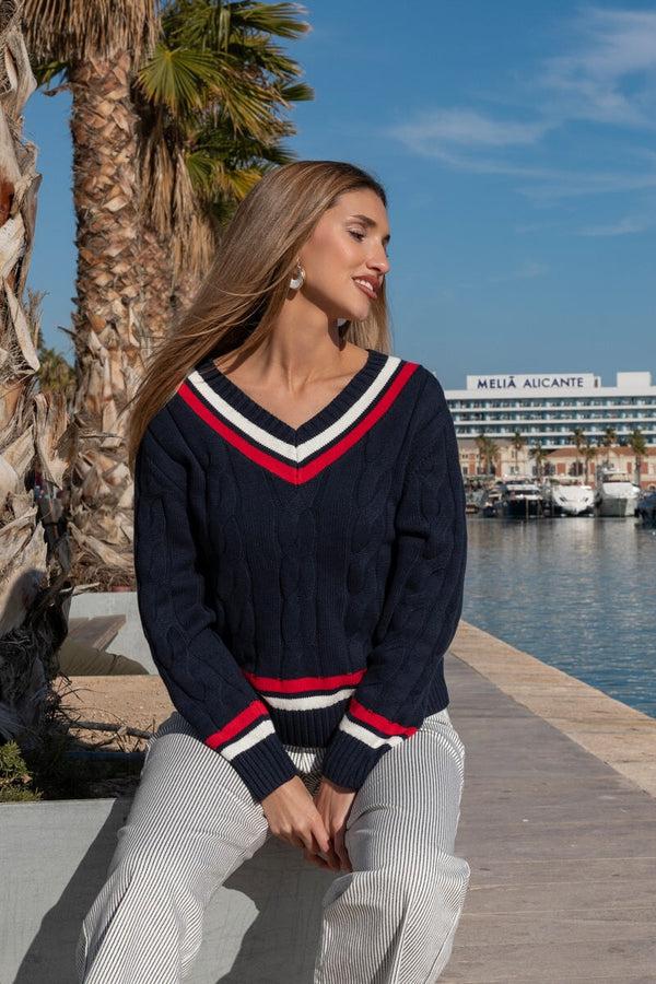 Carraig Donn Navy Cable Knit V-Neck Cricket Jumper