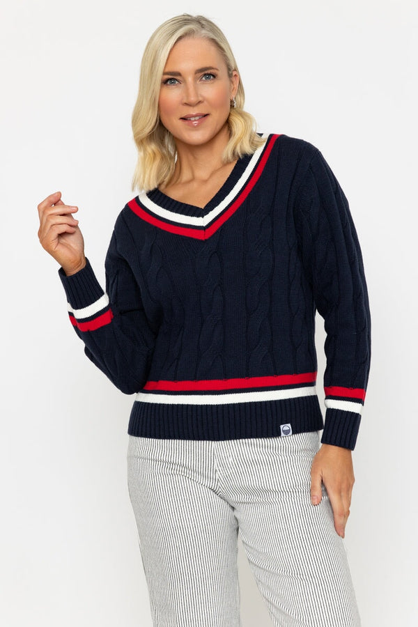 Carraig Donn Navy Cable Knit V-Neck Cricket Jumper
