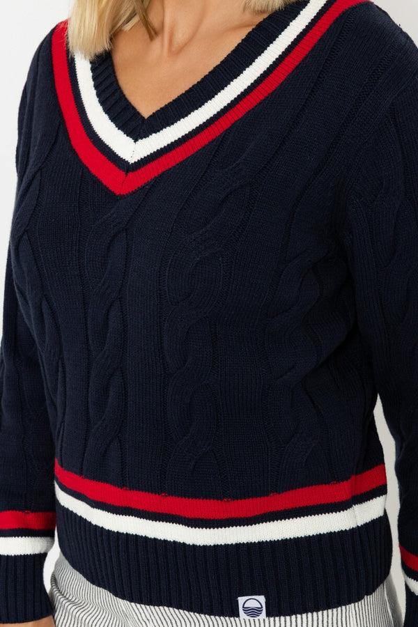 Carraig Donn Navy Cable Knit V-Neck Cricket Jumper