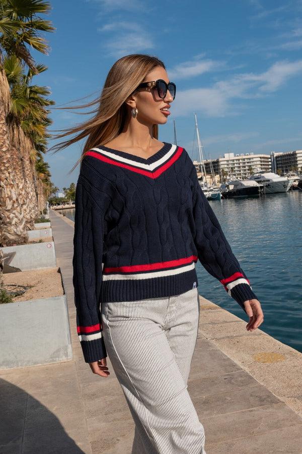 carraig donn Navy Cable Knit V-Neck Cricket Jumper