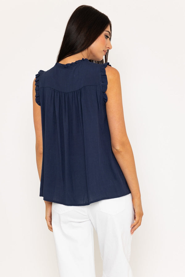 Carraig Donn Navy Frill Viscose Sleeveless Blouse
