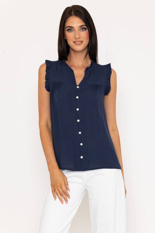 Carraig Donn Navy Frill Viscose Sleeveless Blouse
