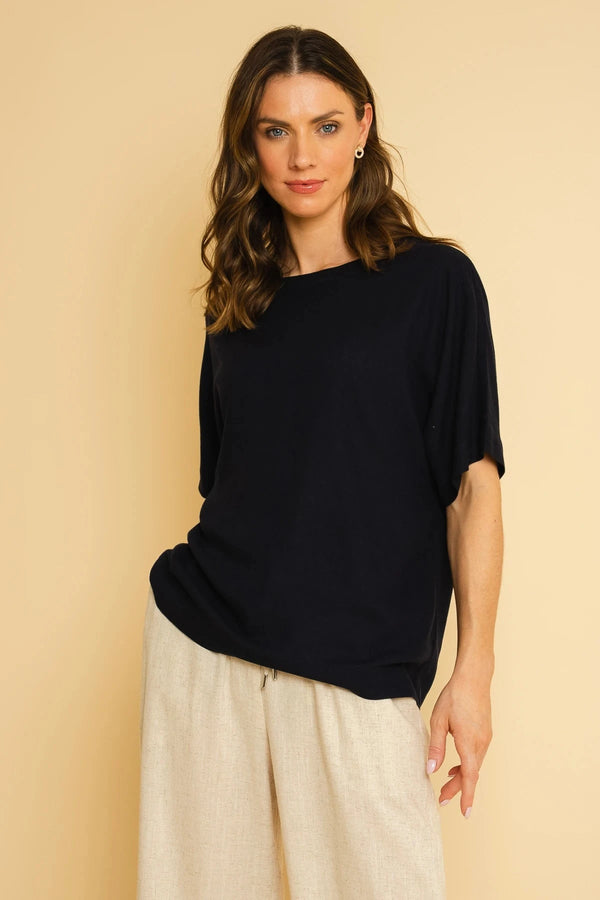 carraig donn Navy Linen Blend Short Sleeve Top