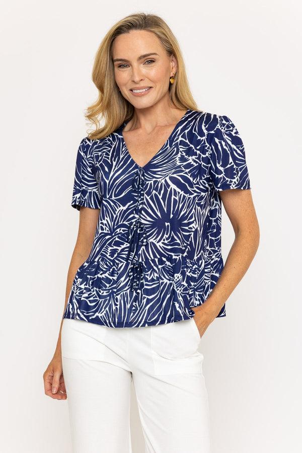 Carraig Donn Navy Print Peplum Short Sleeve Top