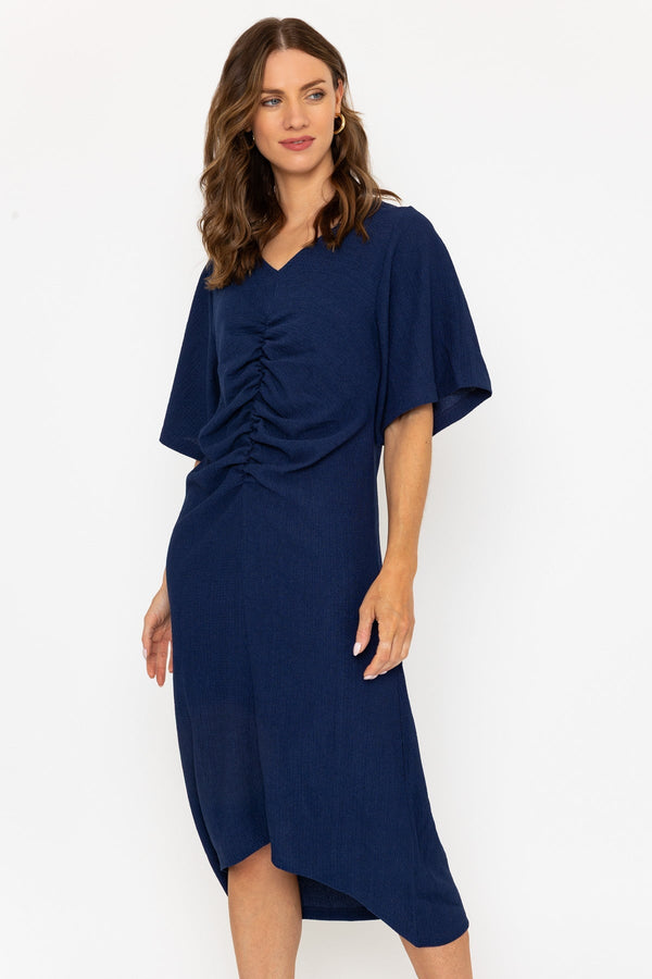 Carraig Donn Navy Short Sleeve Ruched Midi Dress