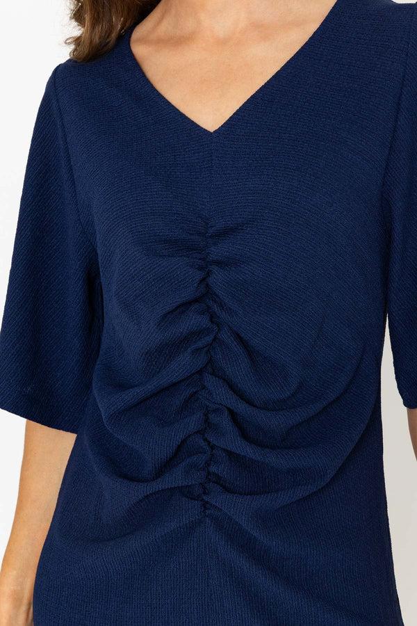 Carraig Donn Navy Short Sleeve Ruched Midi Dress